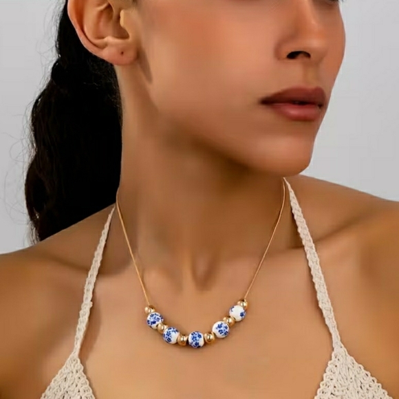 Blueberi Boulevard Gold and White Beaded Necklace - Picture 2 of 2